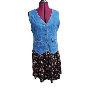 1990's Vinage Denim Vest Floral Dress